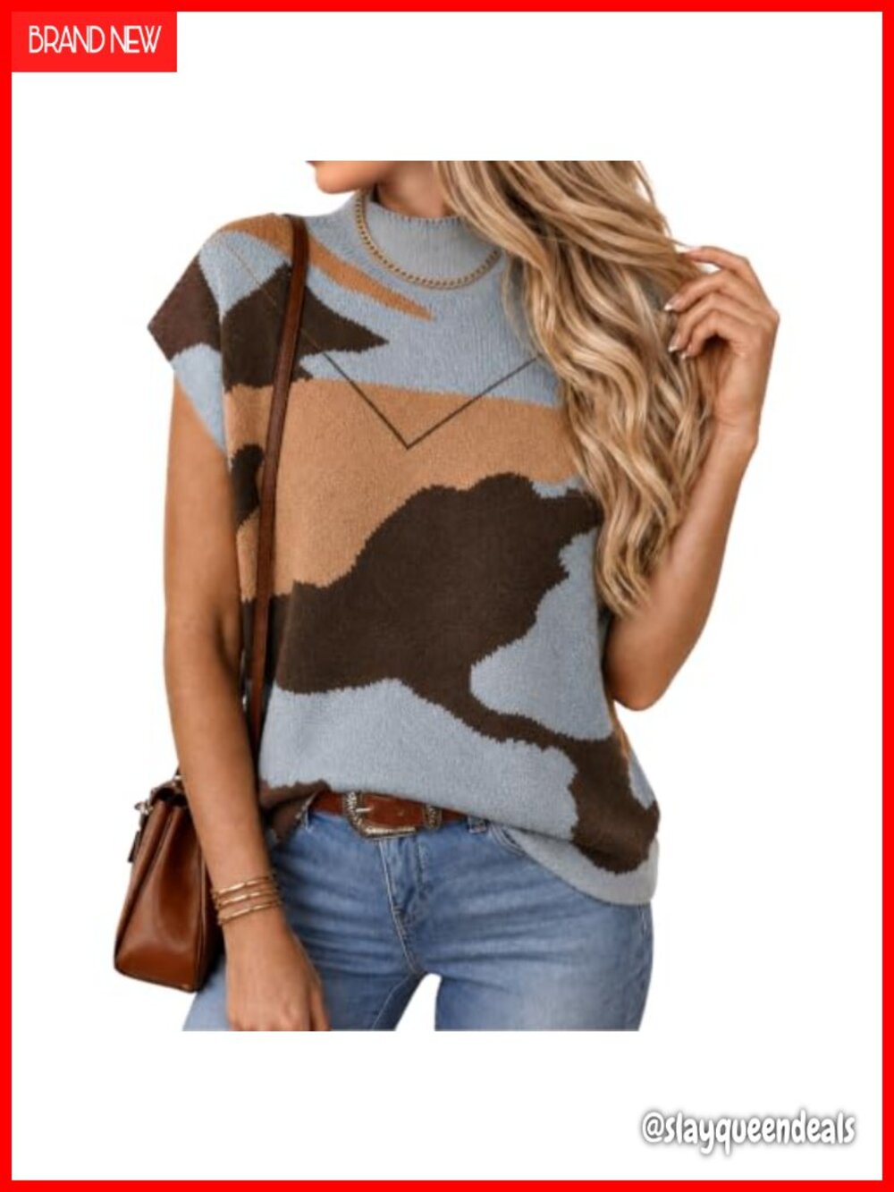 Sleeveless Mock Neck Camo Sweater Vest Jacquard Knit Pullover